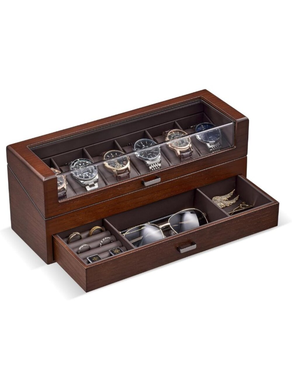 Elegant Wooden Watch Box for Men - 2-Layer Jewelry Organizer with Drawer, 6